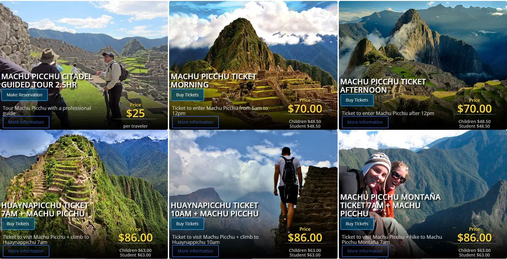 machu picchu ticket price list